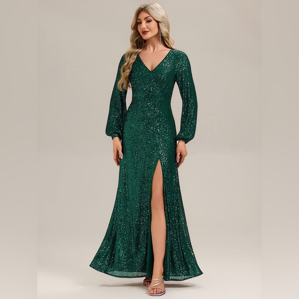 🆕Deep V-Neck Sequin Lantern Sleeve Evening Dress